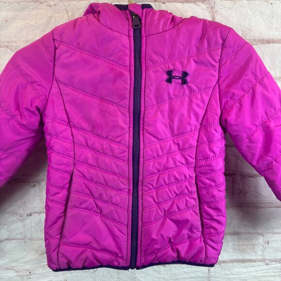 Under Armour Girls 5 Fitted Dark Pink Insulated Hooded Winter Puffer Jacket - Picture 4 of 9